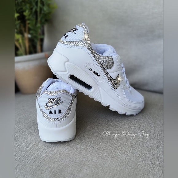 Women's Bling Nike Air Max 90 White Sneakers Shoes made with Swarovski Crystals - Picture 5 of 8